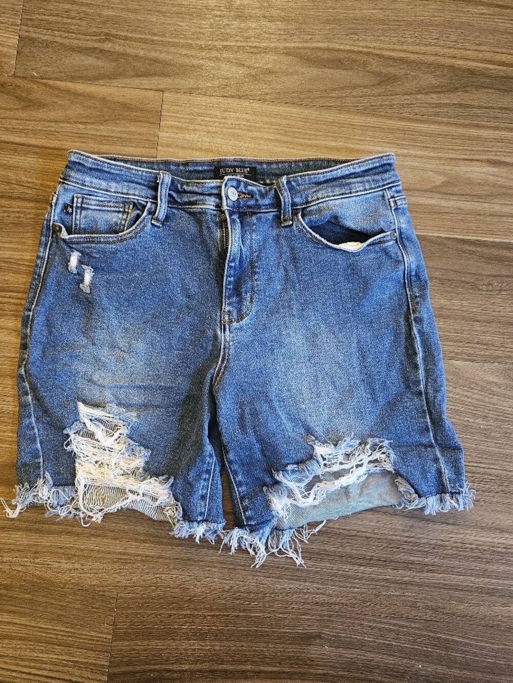 Judy Blue Medium Blue Distressed Frayed Denim Shorts